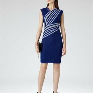 NWOT REISS Dress US 2 Tulle Stripe Polka Dot Pleated Royal Blue Sleeveless Knee